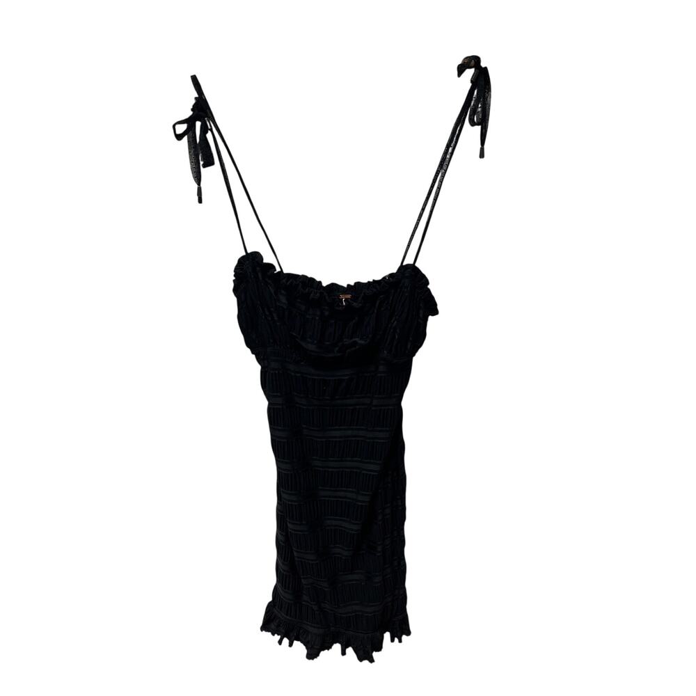 Free People Bittersweet Black Satin Shirred Tie Strap Ruffle Mini Dress size M